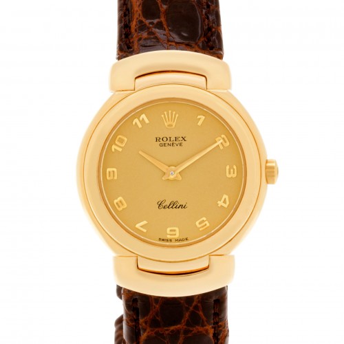 Rolex Cellini in 18k on leather strap.