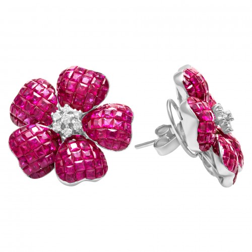 Floral Jewelry: Pink sapphire and diamond 18k white gold earrings
