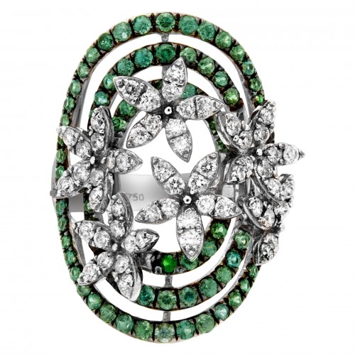 May Birthstone Emerald jewelry: Diamond and Emerald Floral Ring