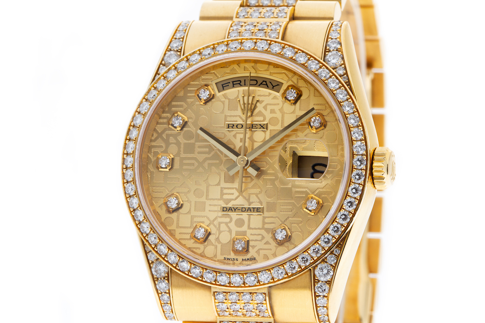 The case of the Rolex Day-Date 118388 has diamonds on the bezel and lugs