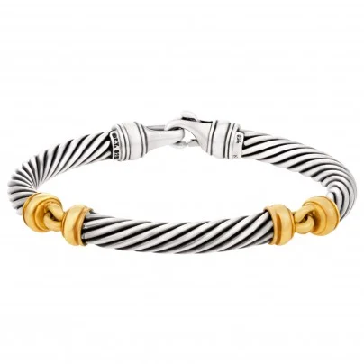 Pre-Owned and Used David Yurman Cable Bracelet Jewelry for Sale in Miami Florida by Gray and Sons Jewelers in Surfside Miami. Silver Cable Bracelet with Gold Accents. 