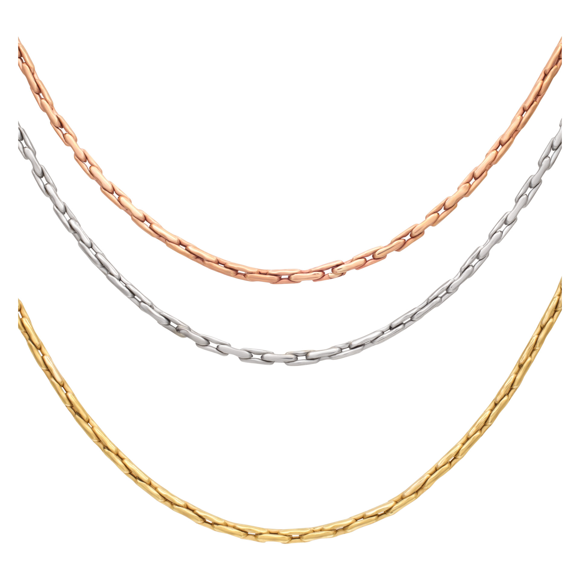 Multi color three row chain necklace in 14k white, yellow and rose gold image 3