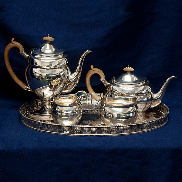 ENGLISH ANTIQUE by Reed & Barton, 4 pieces sterling silver tea and coffee set, with  gallery silver plated tray, patented in 1895. Total sterling silver approx. weight 56.71 oz troy. image 1