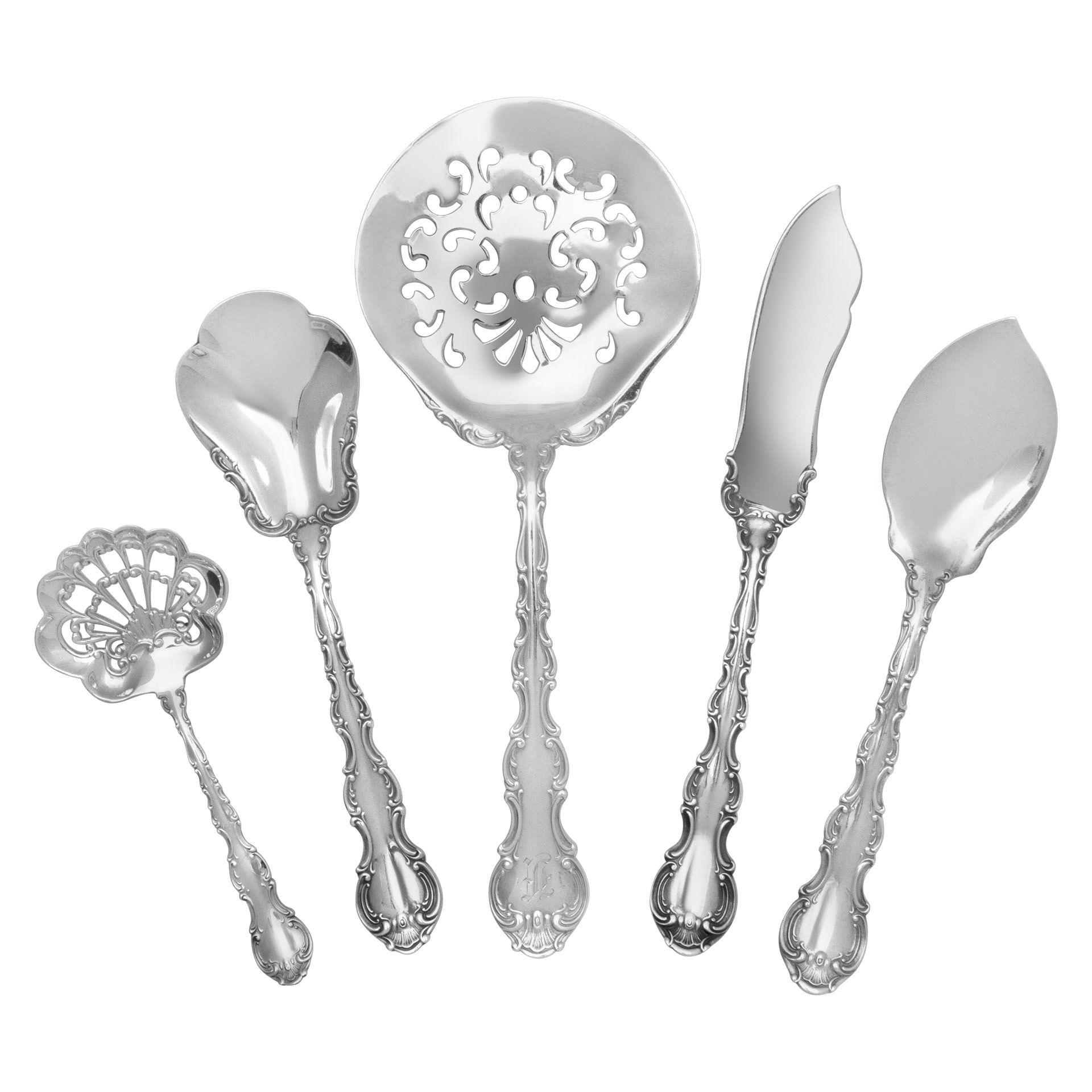 SUPER SIZED "Strasbourg" Sterling Silver Flatware set patented by Gorham in  1897-  8 Place setting for 12 (plus) with 18 serving pieces- Over 3300 grams sterling silver. image 4
