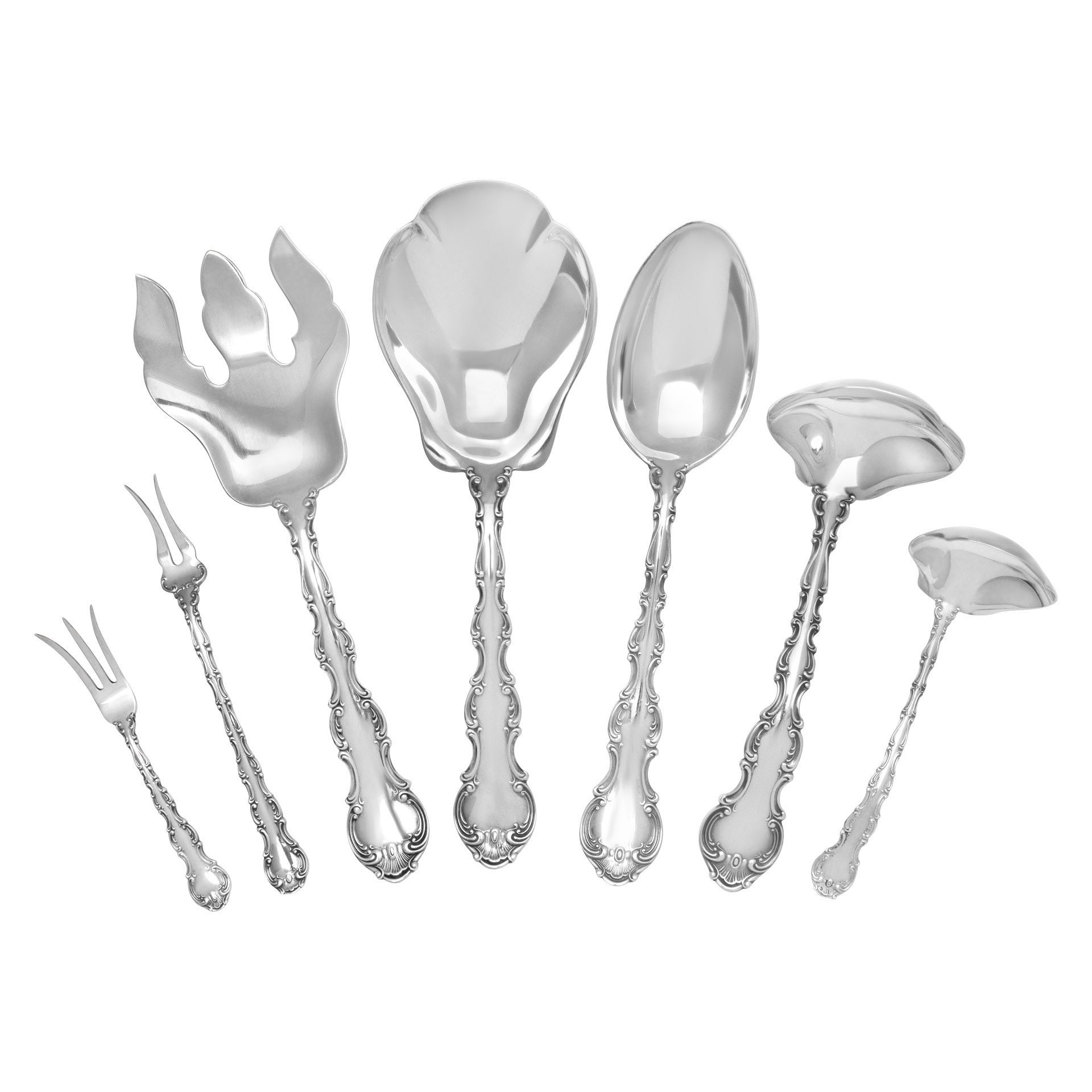 SUPER SIZED "Strasbourg" Sterling Silver Flatware set patented by Gorham in  1897-  8 Place setting for 12 (plus) with 18 serving pieces- Over 3300 grams sterling silver. image 5