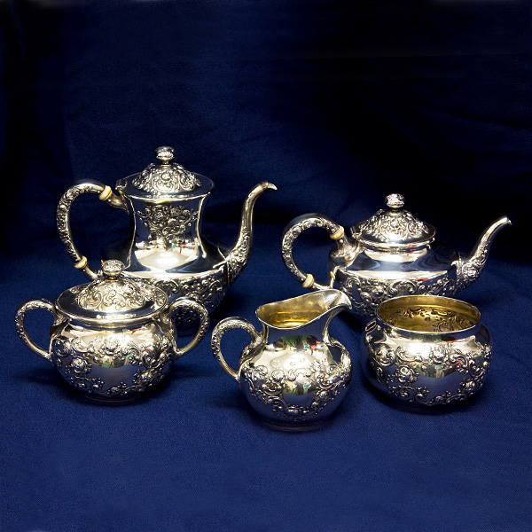 Beautiful and Ornate Sterling Silver 5 piece Tea Set High Relief Floral Design by Gorham  44.02 oz t image 1