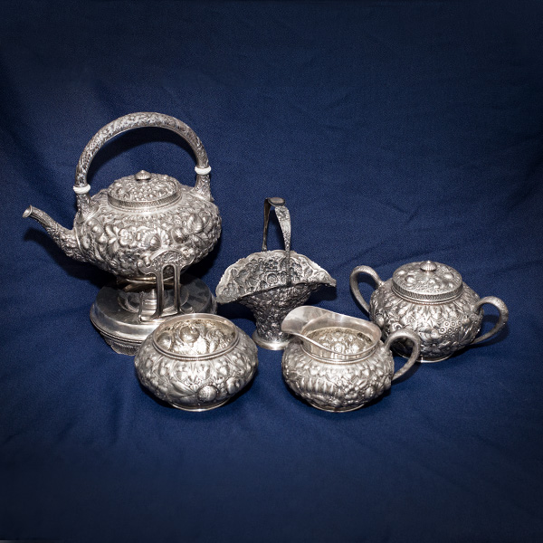GORHAM Sterling "Repousse Chased" 4pc Tea Set w/Kettle & Stand, Sugar Bowl, Waste Bowl & Creamer image 2