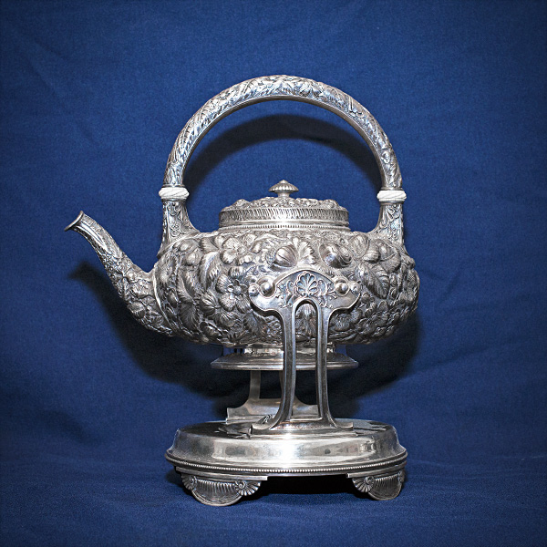 GORHAM Sterling "Repousse Chased" 4pc Tea Set w/Kettle & Stand, Sugar Bowl, Waste Bowl & Creamer image 3