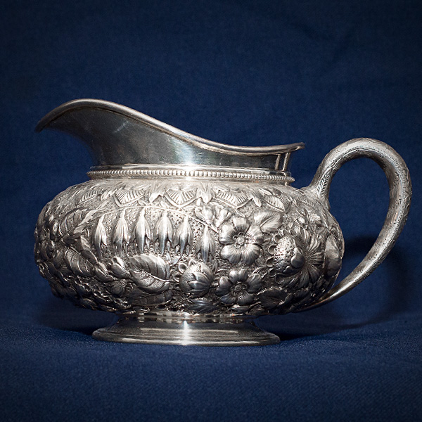 GORHAM Sterling "Repousse Chased" 4pc Tea Set w/Kettle & Stand, Sugar Bowl, Waste Bowl & Creamer image 6
