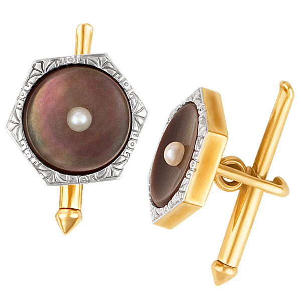 Black mother of pearl cufflinks in 14k gold image 1