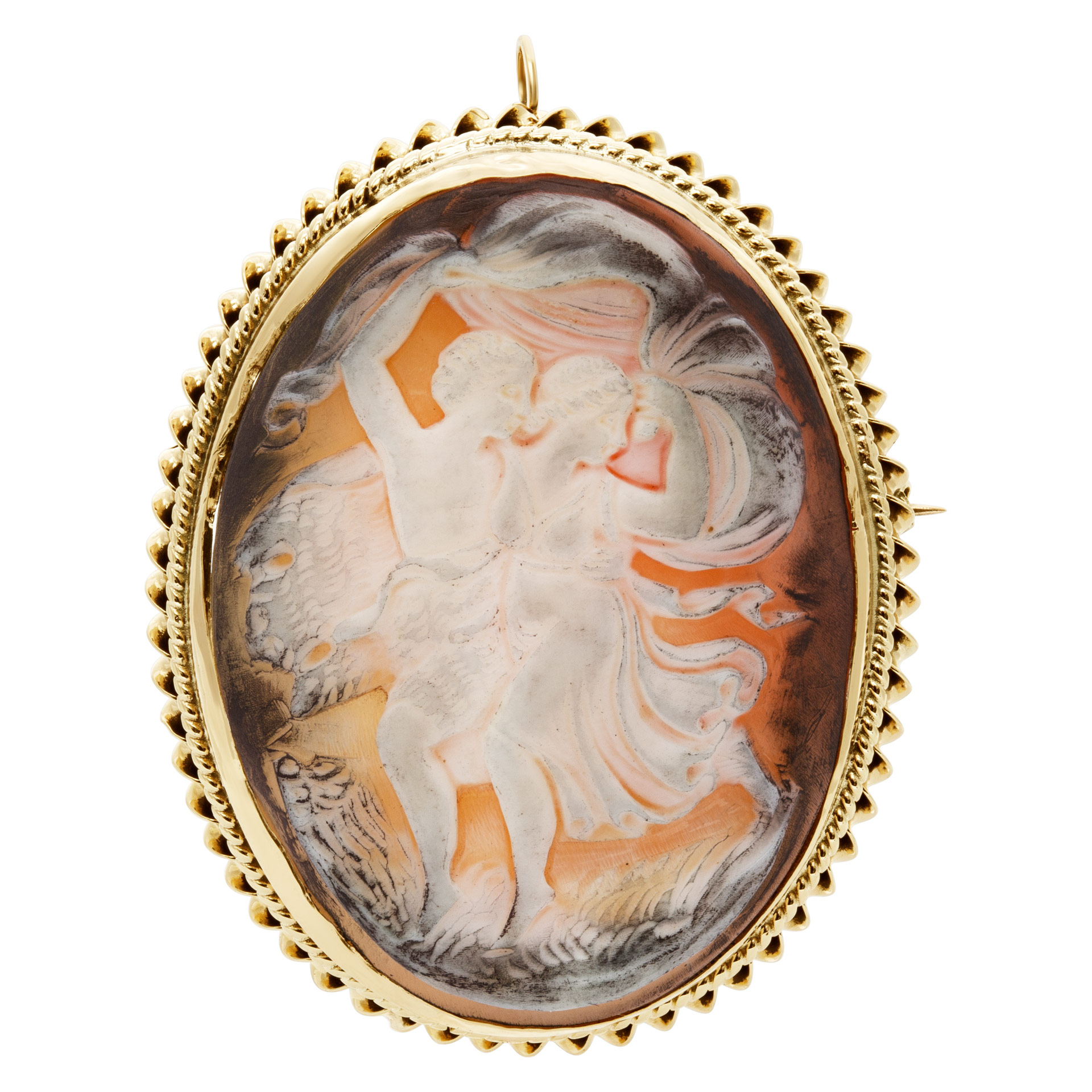 Two Lovers Cameo broach/pendant with a double 14k twisted gold frame image 1