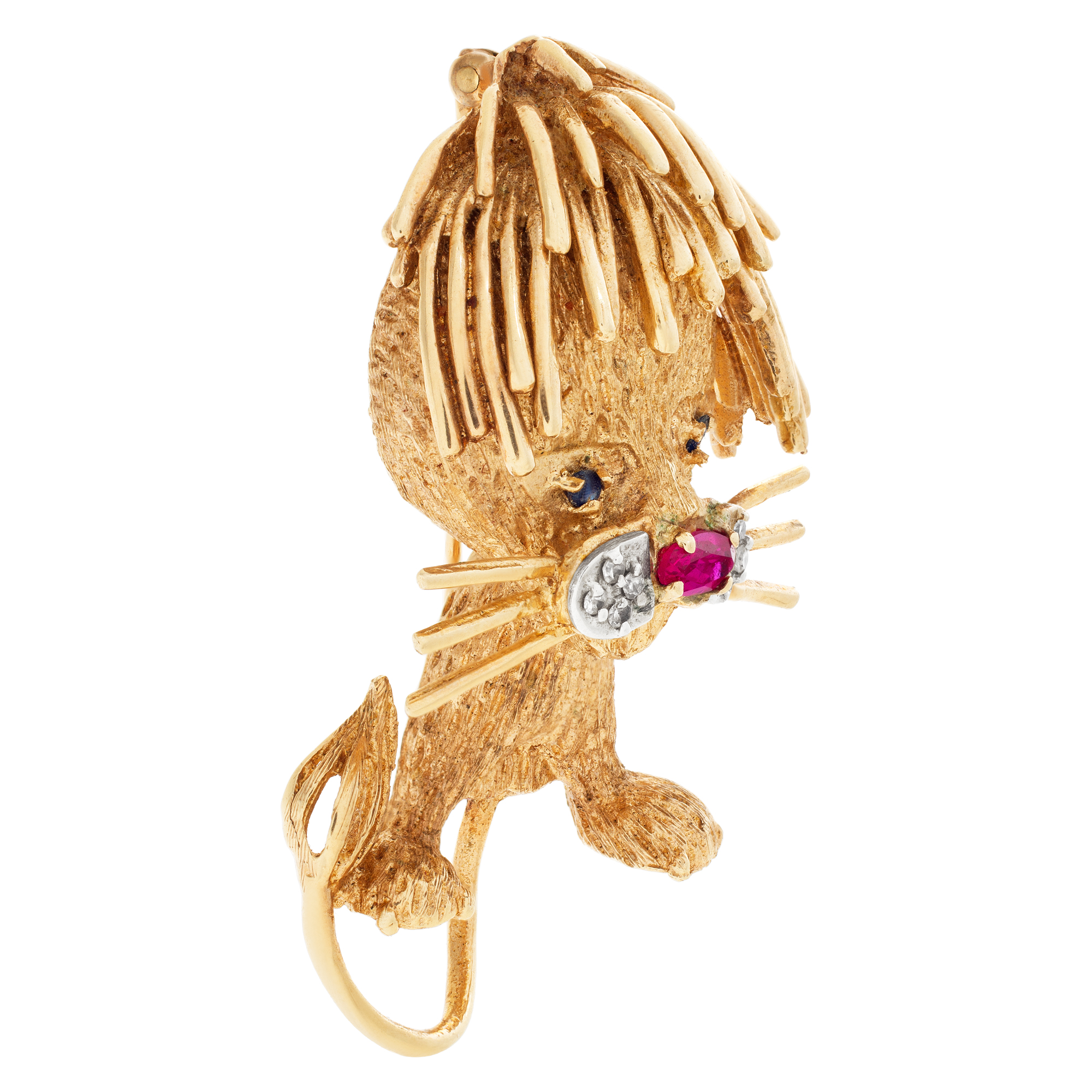 Fancy lion cub brooch in 14k with an oval ruby nose, diamond whiskers and emerald eyes. image 2
