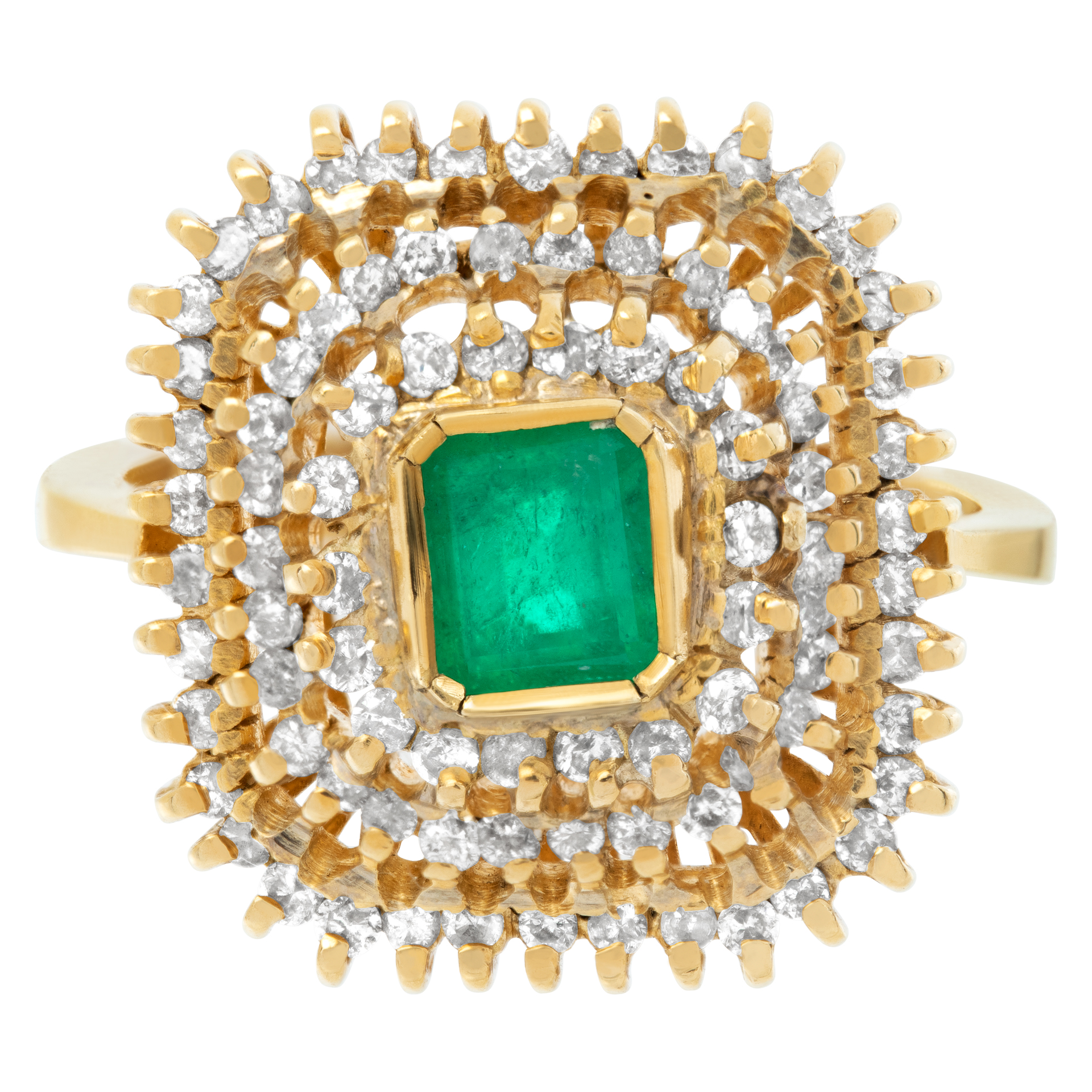 Forest green Colombian emerald ring surrounded in diamonds in 18k yellow gold image 2