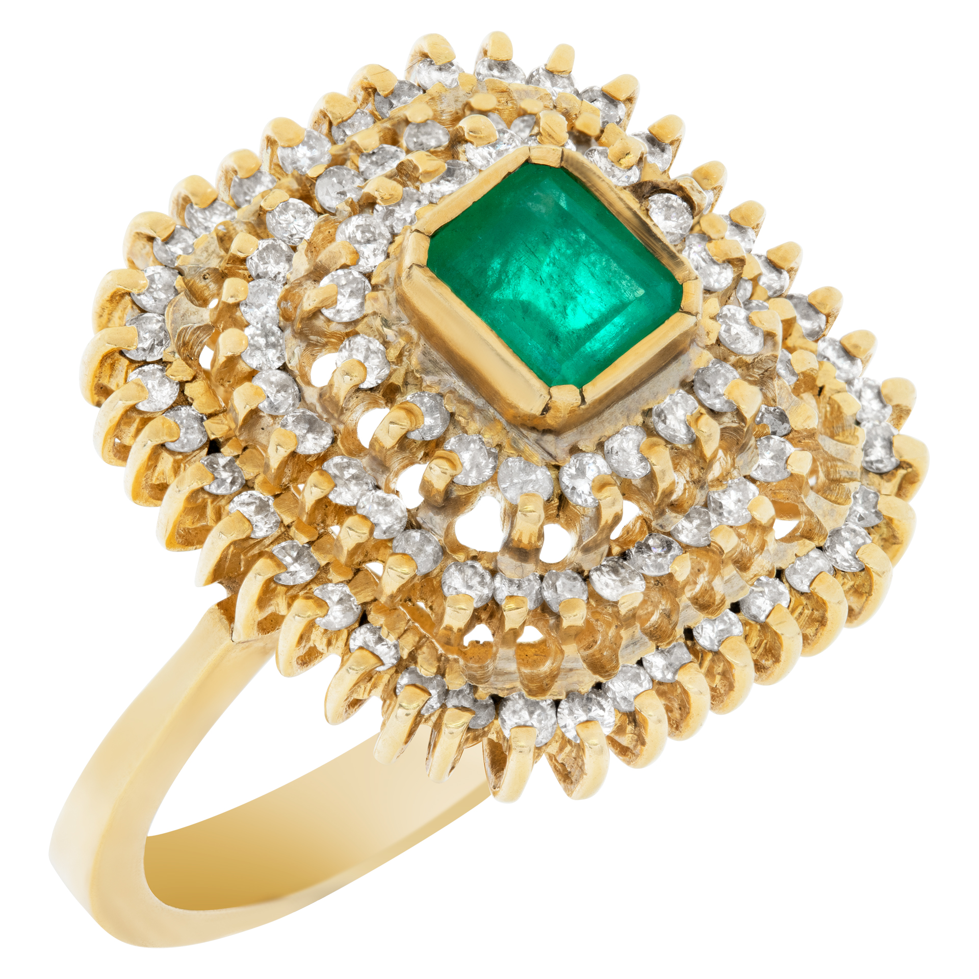 Forest green Colombian emerald ring surrounded in diamonds in 18k yellow gold image 3