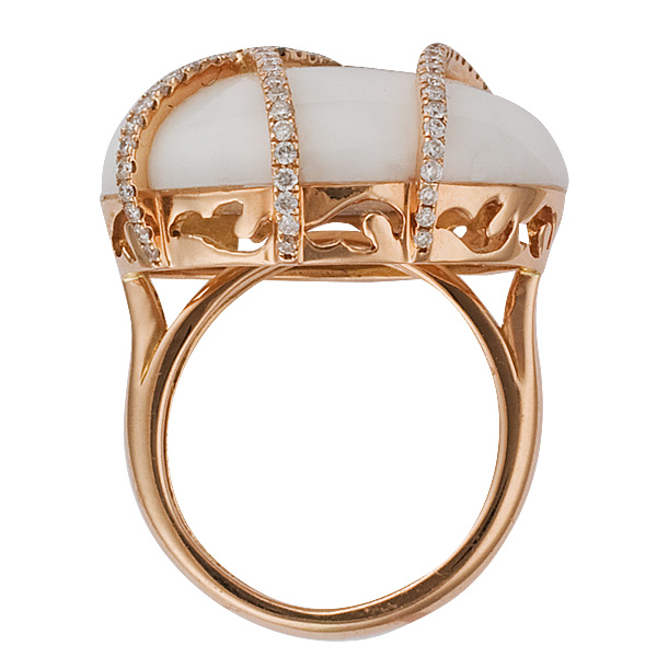 Beautiful round Calcedony ring with lines of diamonds set in 18k rose gold. Size 4. image 2