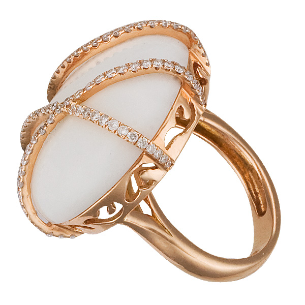 Beautiful round Calcedony ring with lines of diamonds set in 18k rose gold. Size 4. image 3
