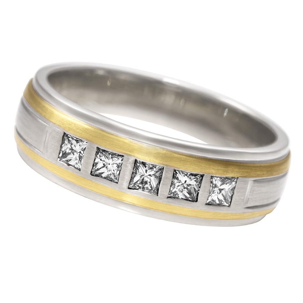 Mens princess cut diamond ring in 18k white & yellow gold image 1