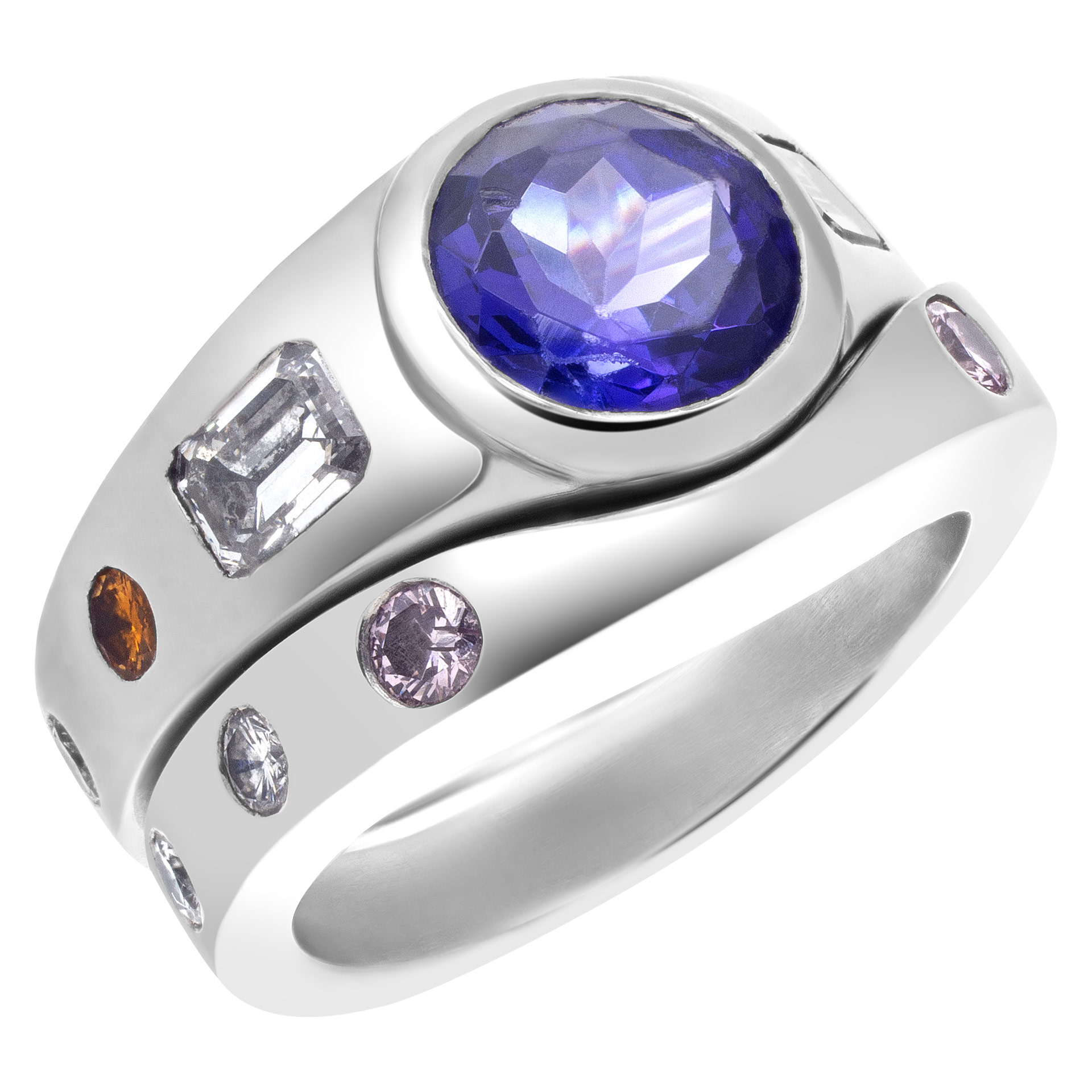 Platinum wedding & engagement rings with tanzanite center stone: white, yellow & pink diamonds image 2