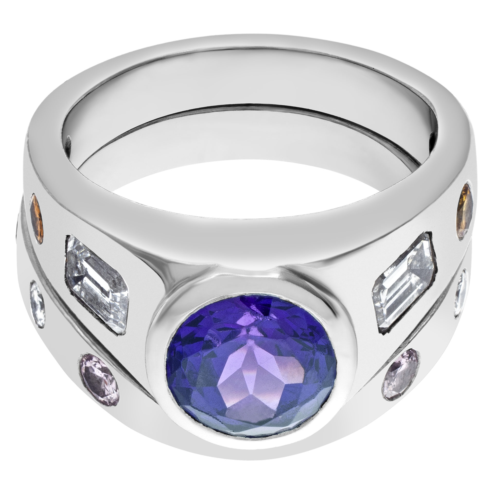 Platinum wedding & engagement rings with tanzanite center stone: white, yellow & pink diamonds image 3