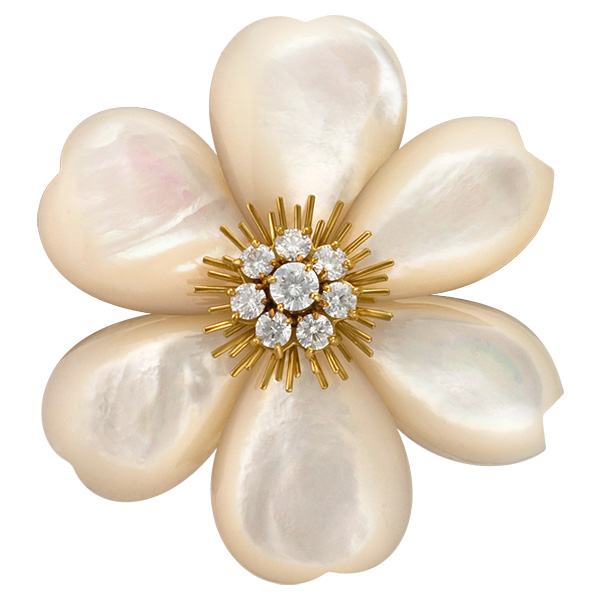Van Cleef & Arpels  Broach and Earrings "Rose de Noel" Mother of Pearl Petals and center diamonds image 2