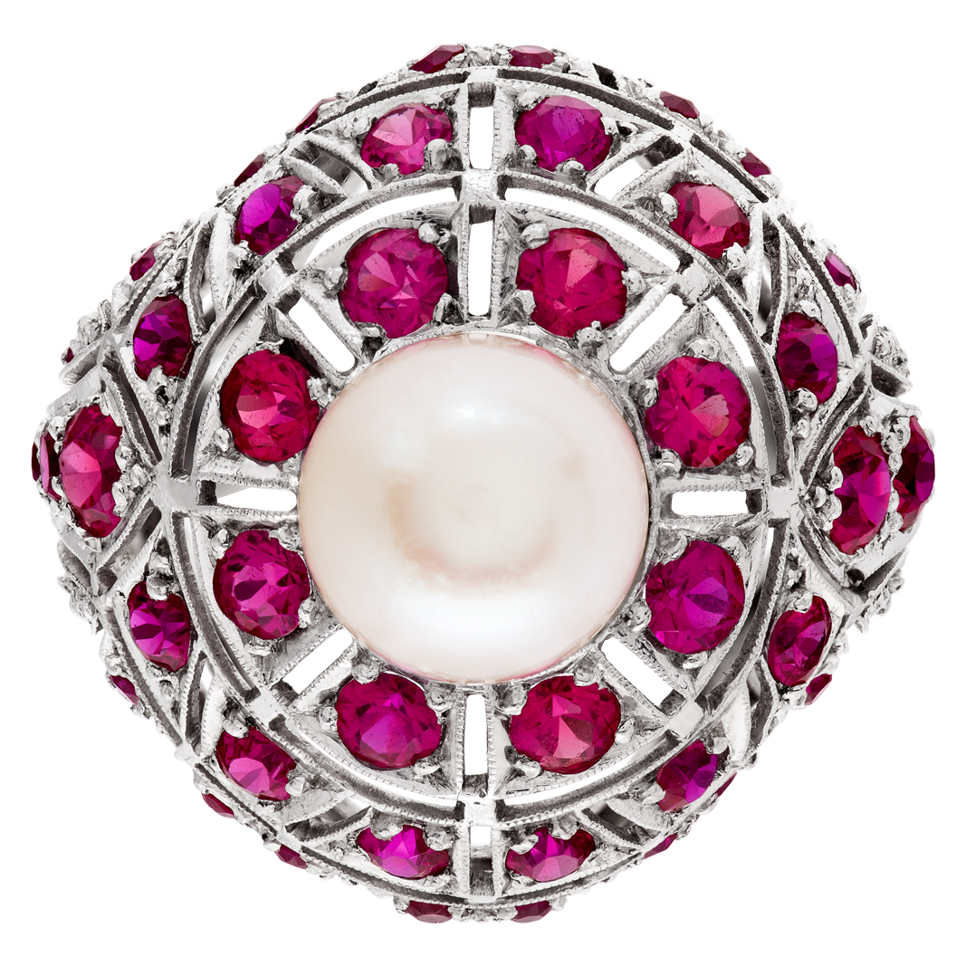 Vintage ruby & pearl ring with approximately 1.50 carat round rubies image 2