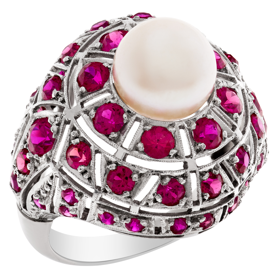 Vintage ruby & pearl ring with approximately 1.50 carat round rubies image 3