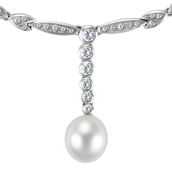 Pearl & diamond necklace in 18k white gold. App. 1.5 carats in diamonds. 10.85mm pearl. image 2