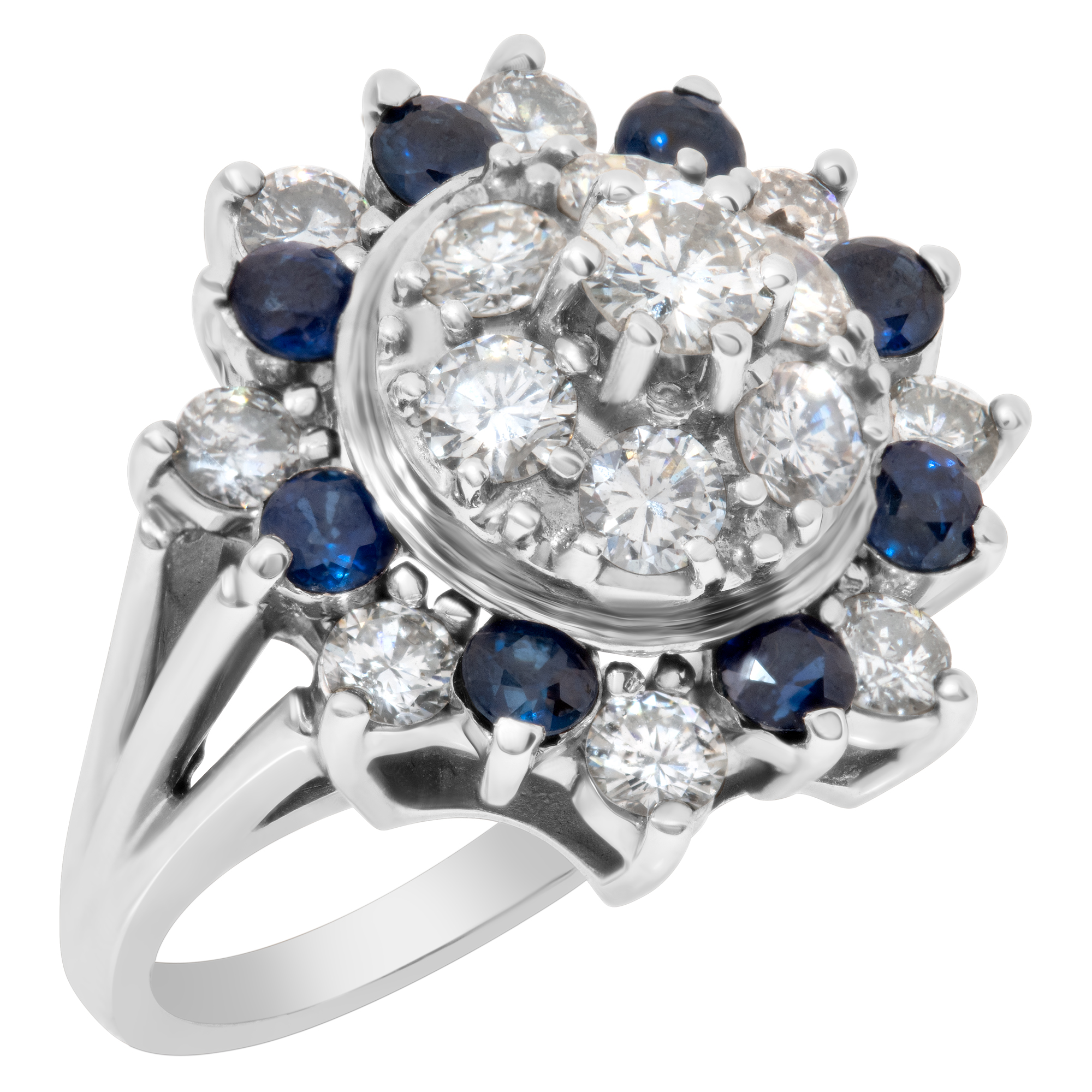 Vintage diamonds and sapphire ring set in 14K white gold. Round brilliant cut diamonds total approx weight over 2.00 carats. image 3