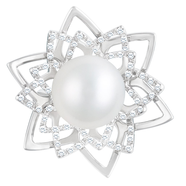 Attractive 12 mm South Sea pearl set in an 18k wg flower design ring with 0.30 cts in dia accents image 1
