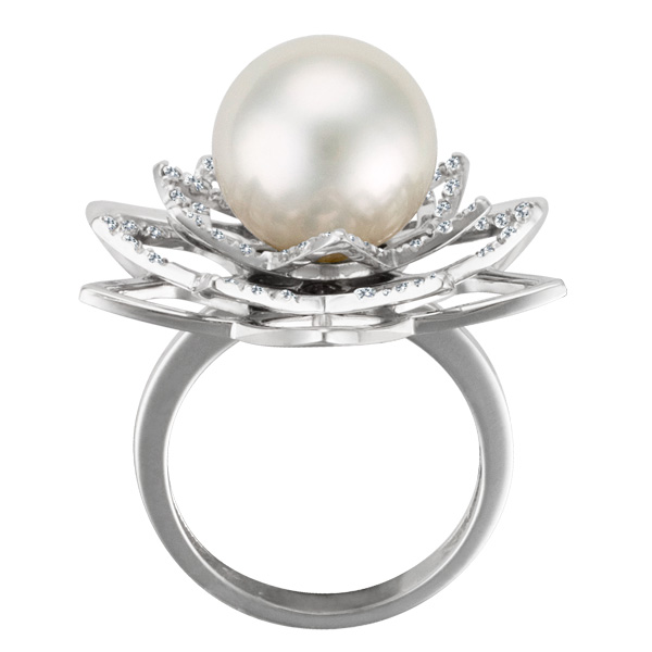Attractive 12 mm South Sea pearl set in an 18k wg flower design ring with 0.30 cts in dia accents image 2