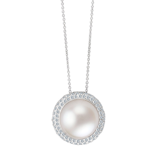 Precious pearl set in 18k wg pendant w/app. 0.61 cts in pave diamond accents, app 12mm pearl image 1