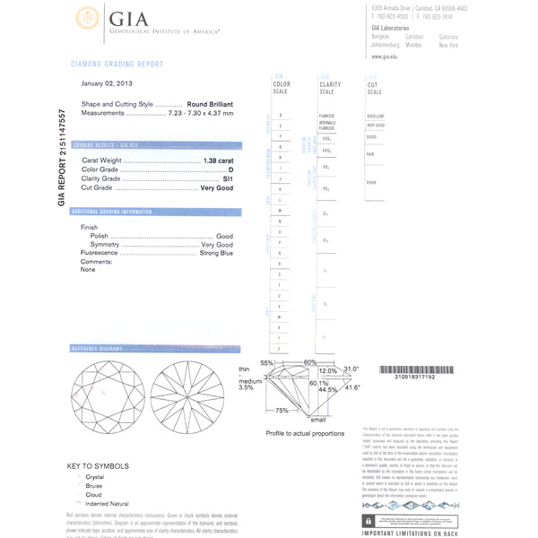 GIA Certified Round Diamond 1.38cts (D Color SI-1 Clarity) set in a Platinum setting with 2 side rou image 3