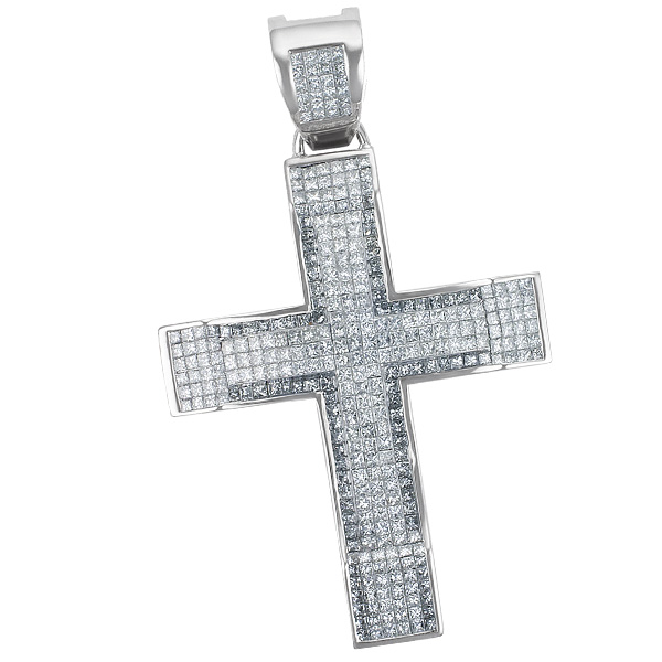 Diamonds cross pendant in 14k white gold, Approx. 10.00 carats invisible set brillliant Princess cut diamonds image 1