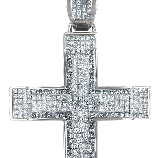 Diamonds cross pendant in 14k white gold, Approx. 10.00 carats invisible set brillliant Princess cut diamonds image 2