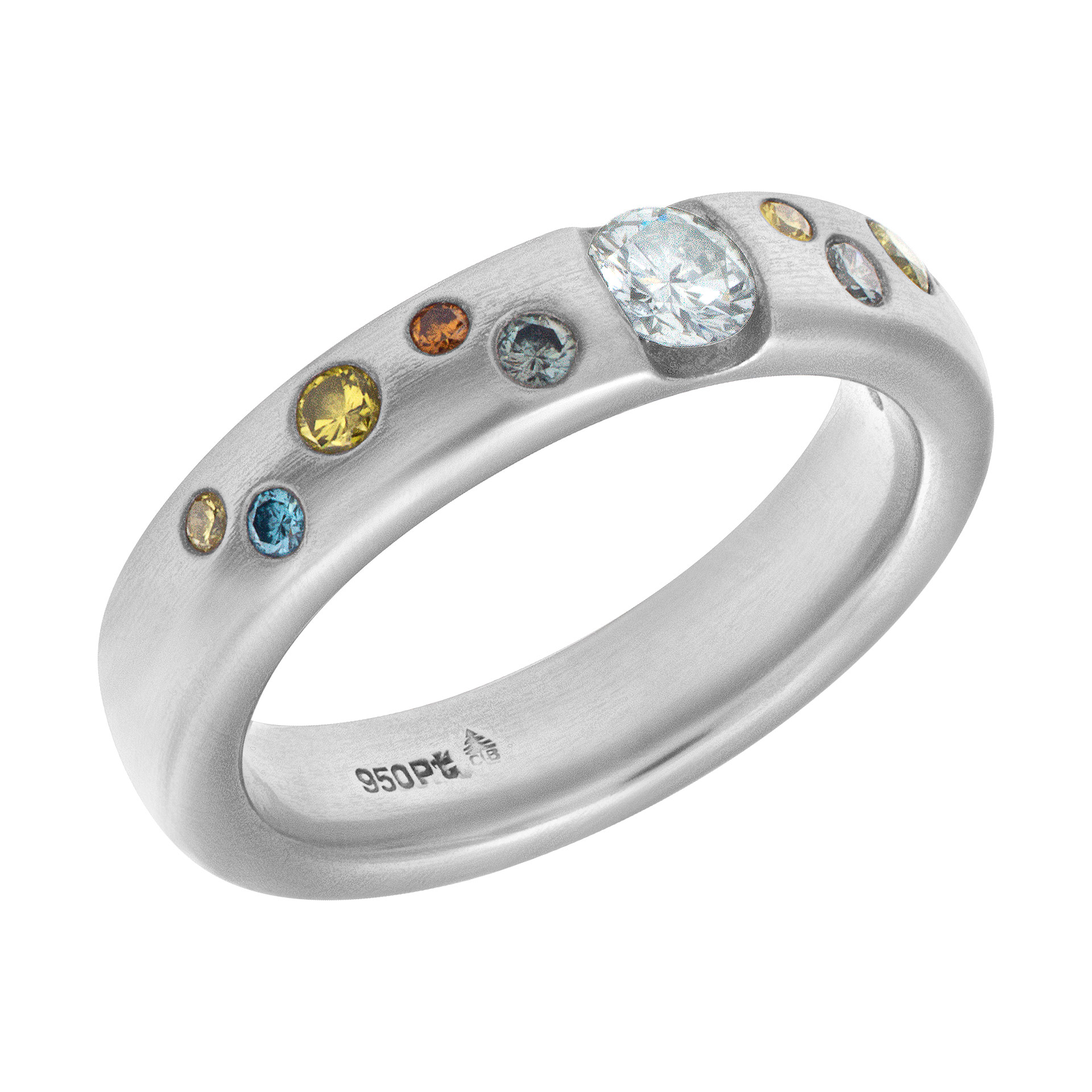 Platinum band with center white diamond and multi colored irradiated diamonds image 3