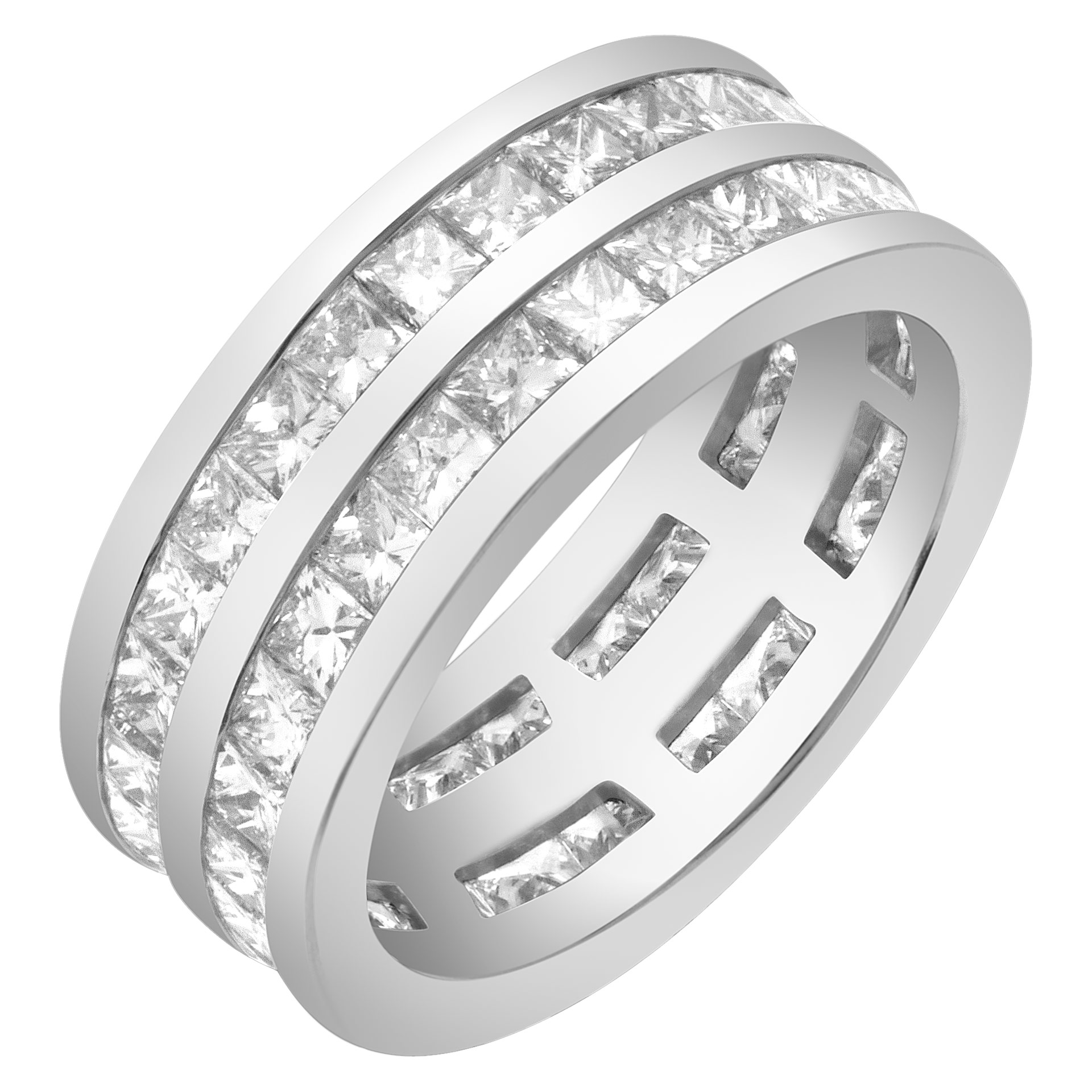 Double row of princess cut channel set diamond ring in 14k.  6cts (H, SI) image 2