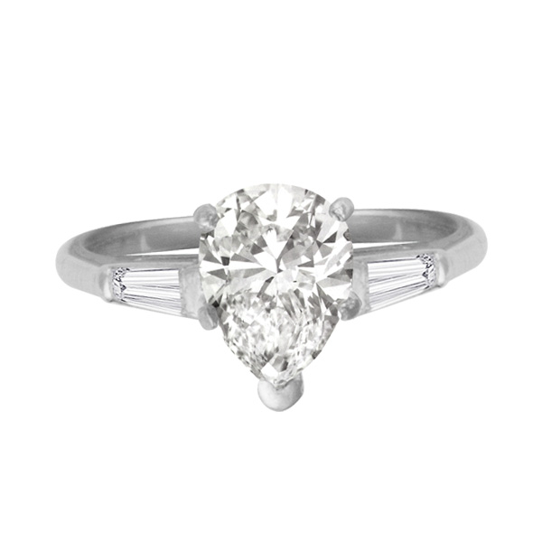 GIA Certified Pear Shape 1.21 cts F Color SI-1 Clarity set in a  platinum setting with 2 tapered bag image 1