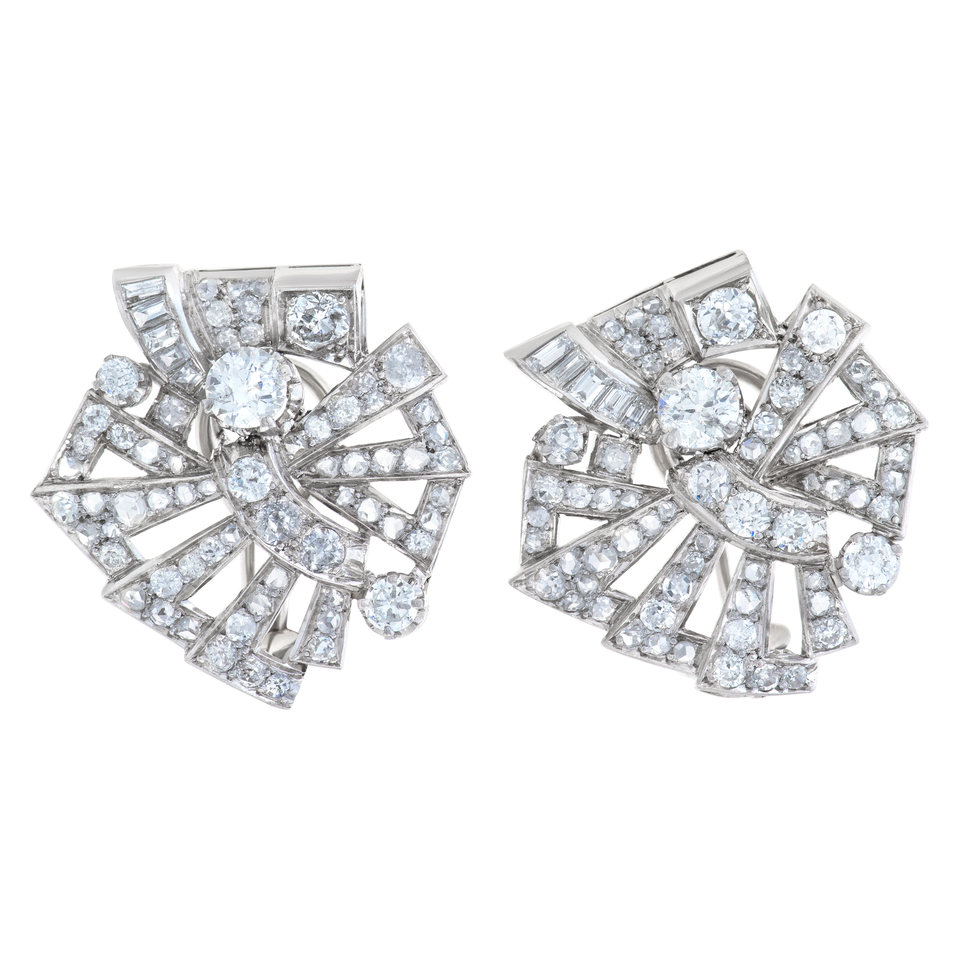 Art Deco pair of earrings with over 5.00 carats round European & baguette diamonds set in 18k white gold. Post Omega clip  are 18K carat white gold. image 1