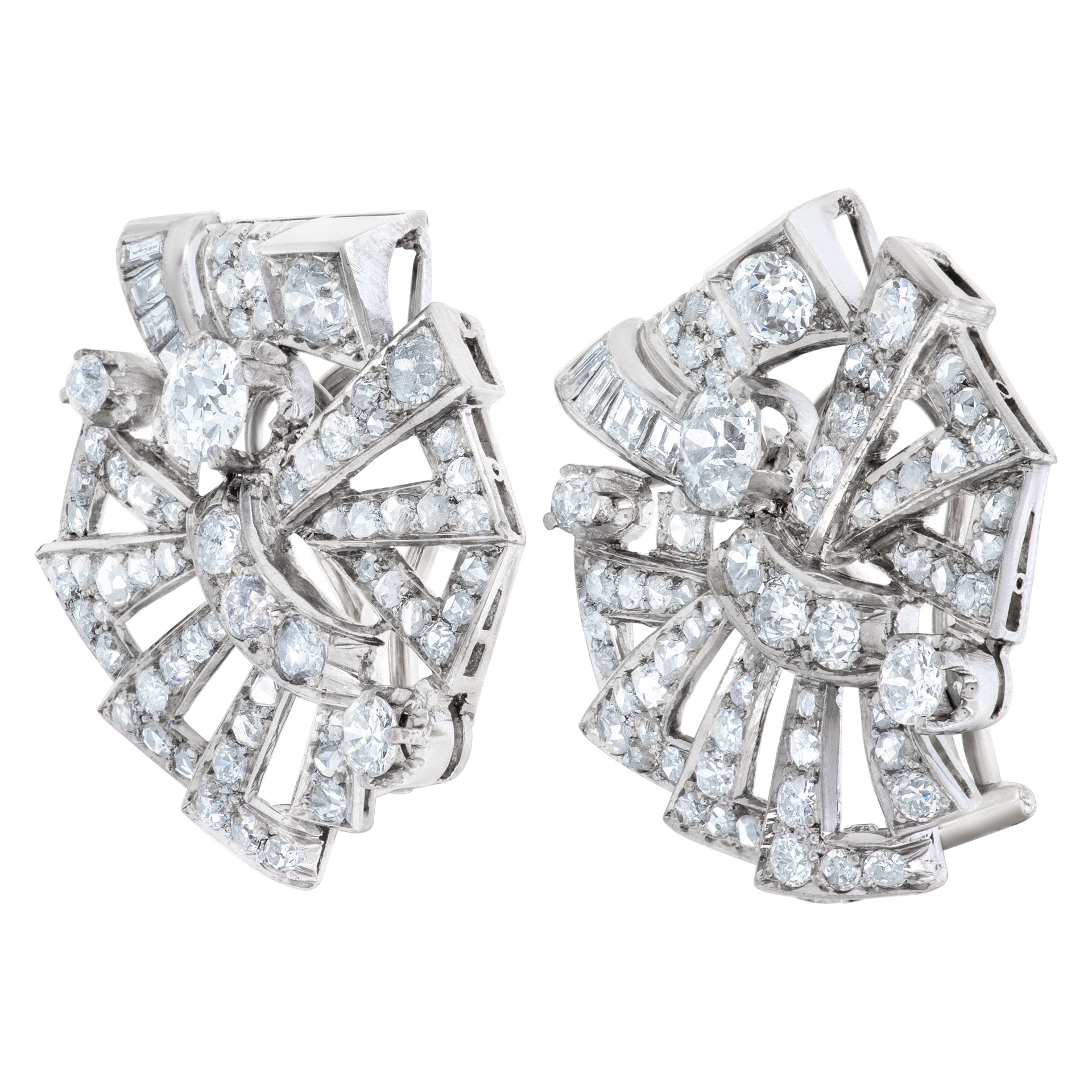 Art Deco pair of earrings with over 5.00 carats round European & baguette diamonds set in 18k white gold. Post Omega clip  are 18K carat white gold. image 2