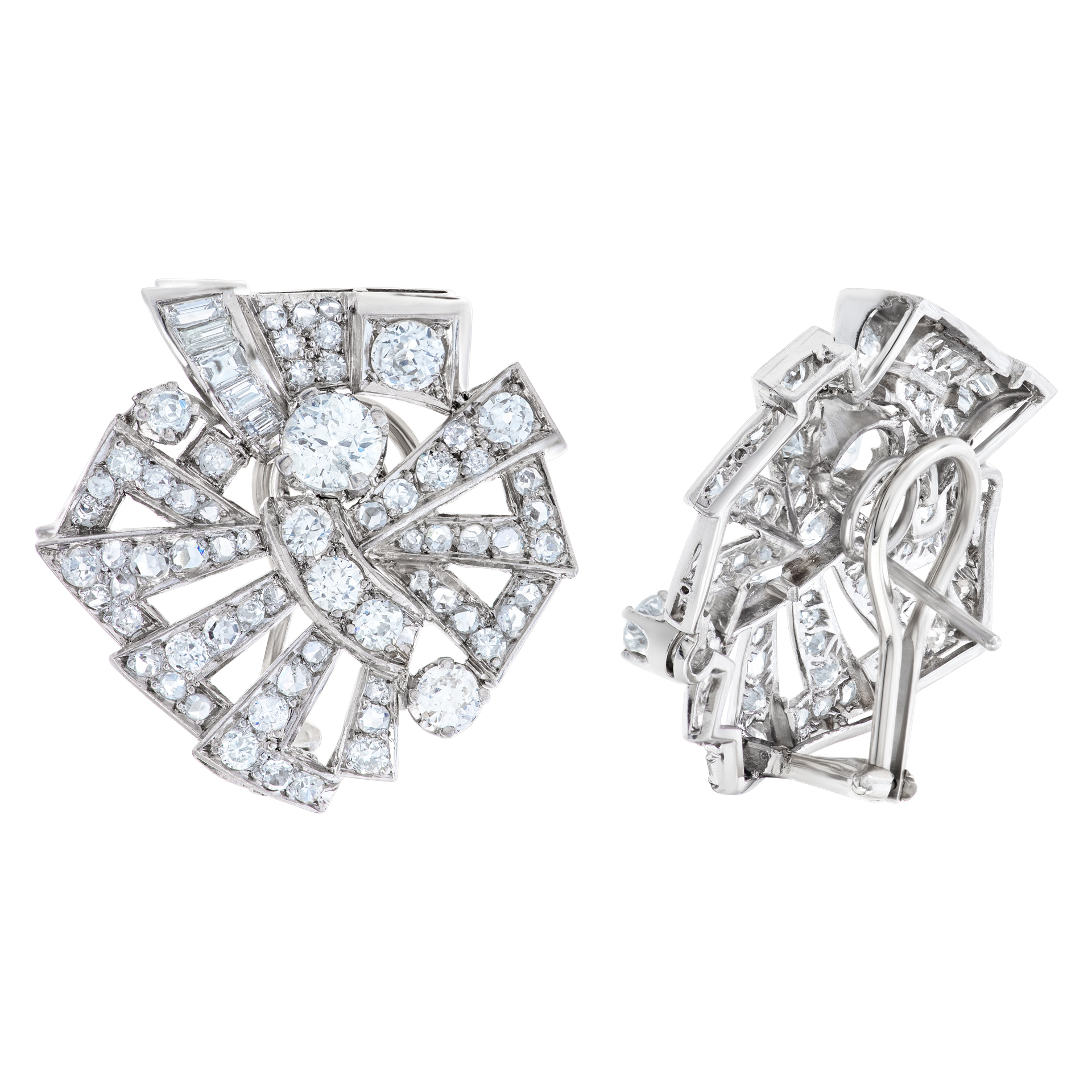 Art Deco pair of earrings with over 5.00 carats round European & baguette diamonds set in 18k white gold. Post Omega clip  are 18K carat white gold. image 4