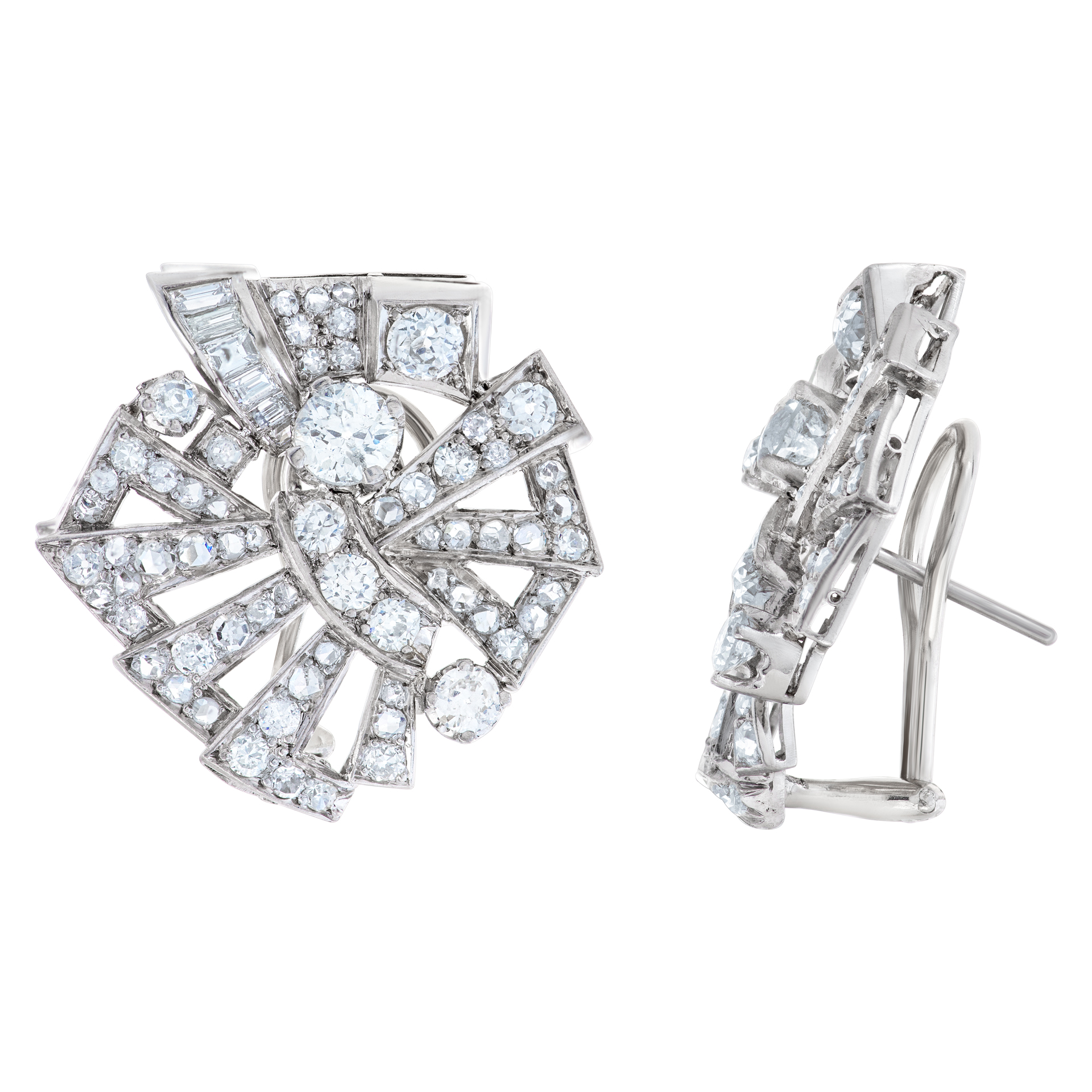 Art Deco pair of earrings with over 5.00 carats round European & baguette diamonds set in 18k white gold. Post Omega clip  are 18K carat white gold. image 5