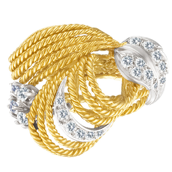 Ladies Braided 18k Yellow Gold Ring With A Diamond Leaf Accents image 1
