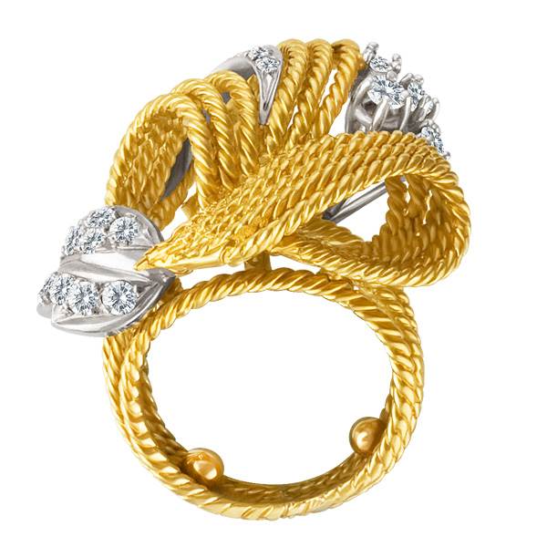 Ladies Braided 18k Yellow Gold Ring With A Diamond Leaf Accents image 2