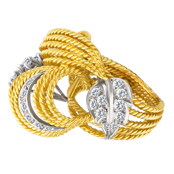 Ladies Braided 18k Yellow Gold Ring With A Diamond Leaf Accents image 3