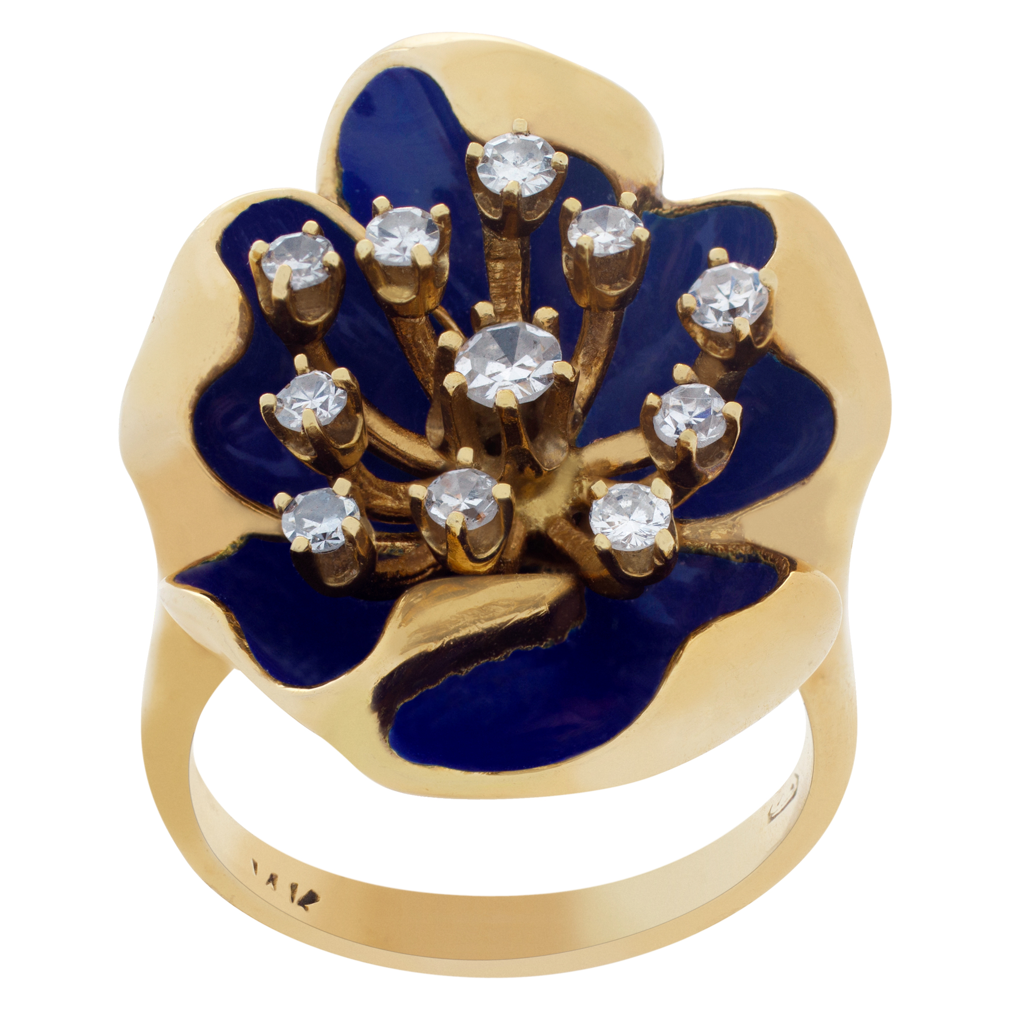 Flower Shape Enamel And Diamond Ring In 14k yellow gold. Size 5.75 image 1