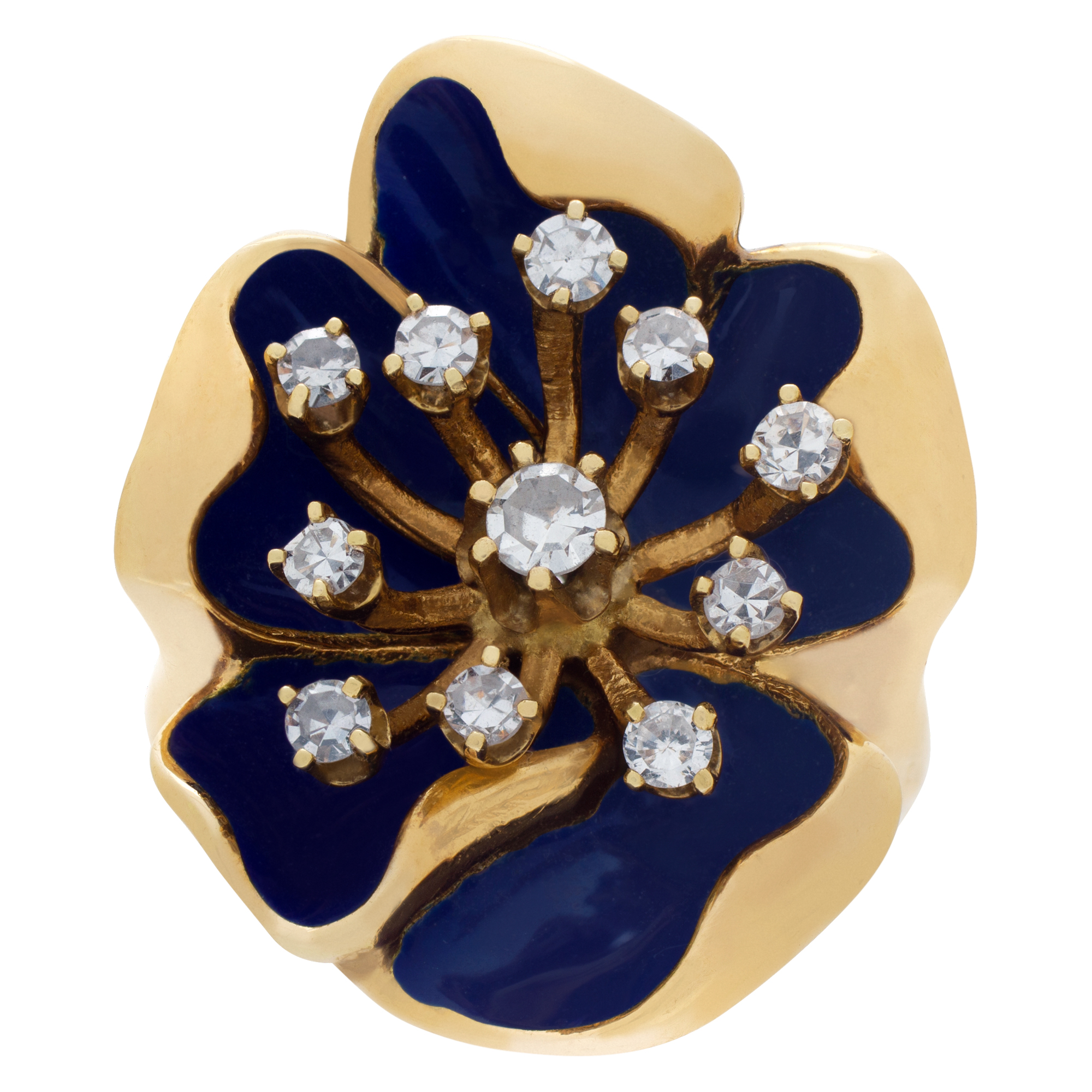 Flower Shape Enamel And Diamond Ring In 14k yellow gold. Size 5.75 image 2