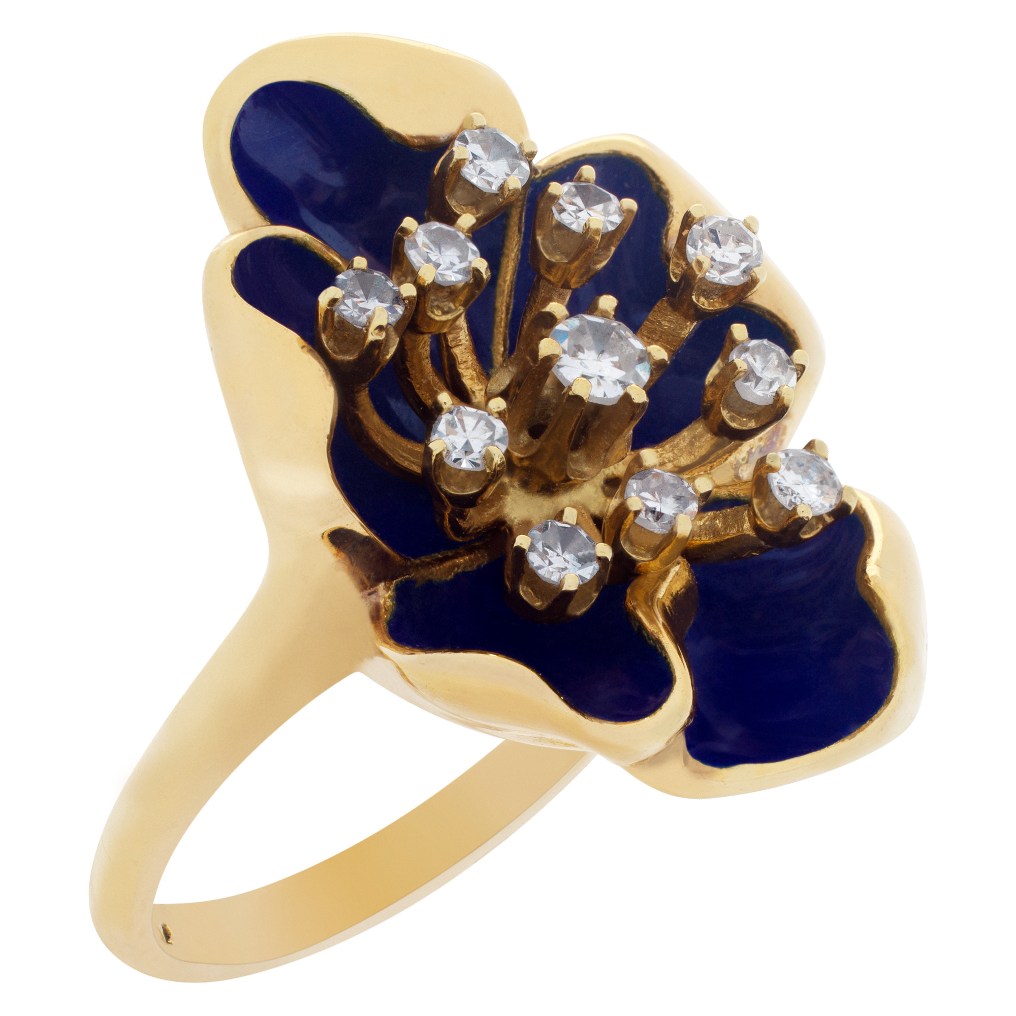 Flower Shape Enamel And Diamond Ring In 14k yellow gold. Size 5.75 image 3