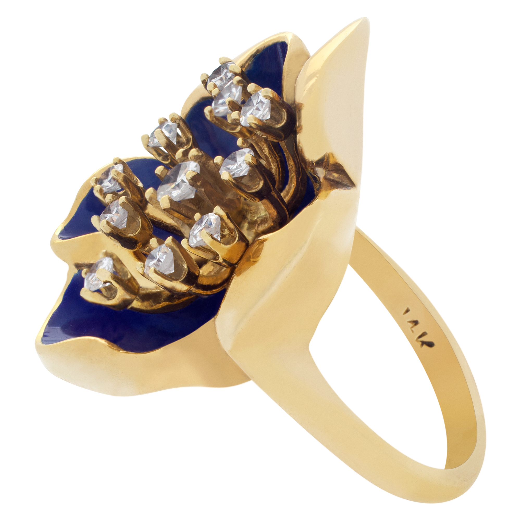 Flower Shape Enamel And Diamond Ring In 14k yellow gold. Size 5.75 image 4