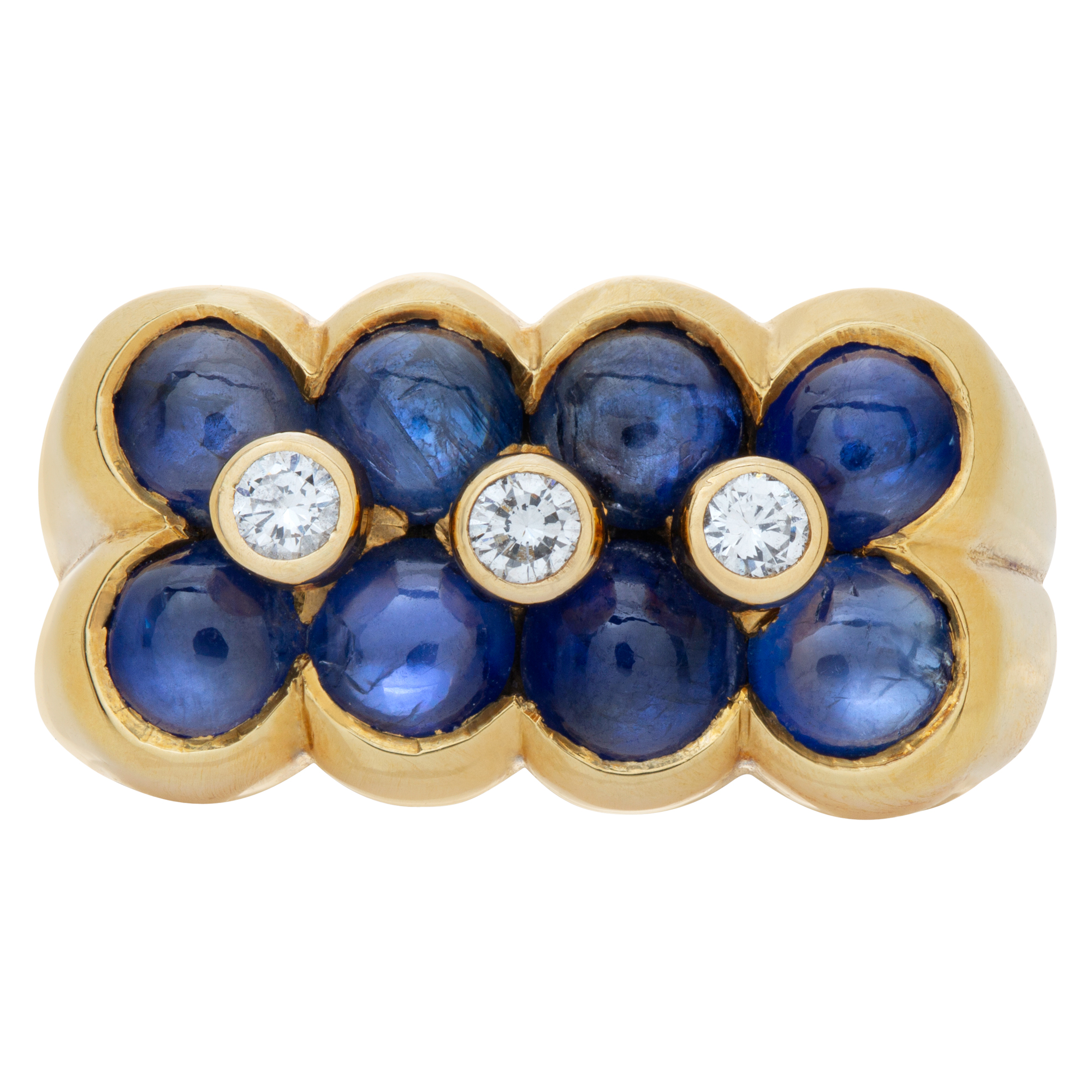 Flowery design 18K yellow gold ring with 8 cabochon sapphire, 3 full cut round brlliant bezeled diamond cente image 2