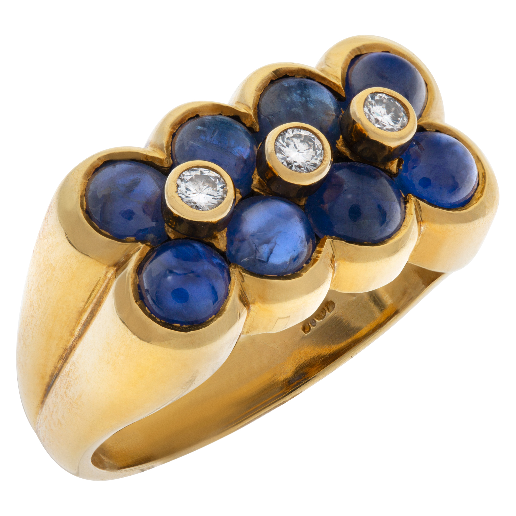 Flowery design 18K yellow gold ring with 8 cabochon sapphire, 3 full cut round brlliant bezeled diamond cente image 3